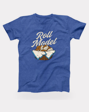 Roll Model T-Shirt in Heather True Royal, flat lay on grey