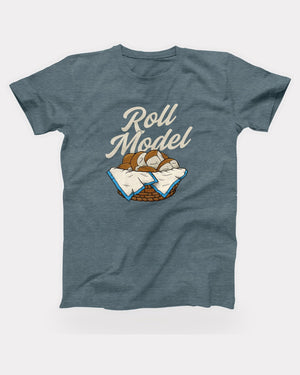 Roll Model T-Shirt in Heather Slate, flat lay on grey