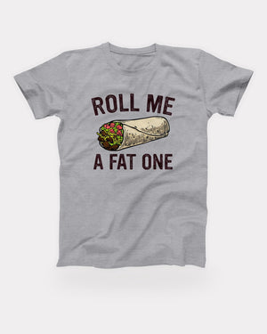 Roll Me A Fat One T-Shirt in Athletic Heather, flat lay on grey
