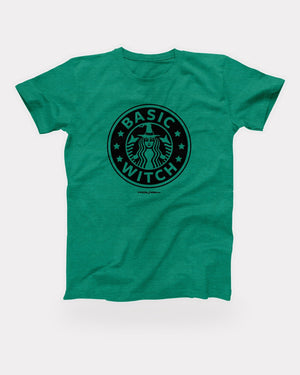 Seattle's Best Basic Witch T-Shirt in Heather Kelly, flat lay on grey