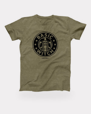 Seattle's Best Basic Witch T-Shirt in Heather Olive, flat lay on grey