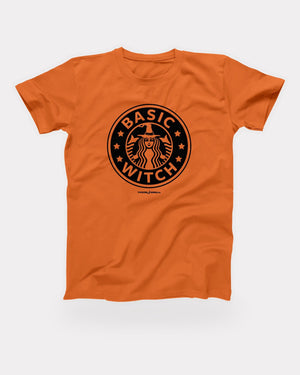 Seattle's Best Basic Witch T-Shirt in Orange, flat lay on grey