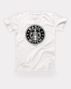 Seattle's Best Basic Witch T-Shirt in White, flat lay on grey