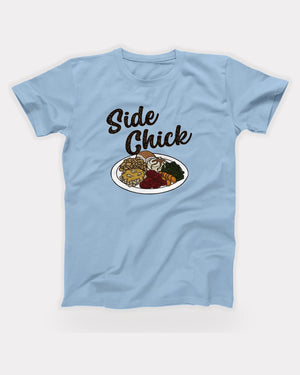 Side Chick T-Shirt in Baby Blue, flat lay on grey