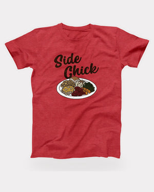 Side Chick T-Shirt in Heather Red, flat lay on grey