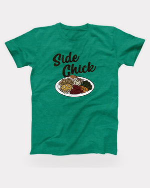 Side Chick T-Shirt in Heather Kelly, flat lay on grey