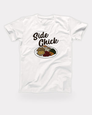 Side Chick T-Shirt in White, flat lay on grey