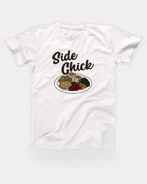 Side Chick T-Shirt in White, flat lay on grey