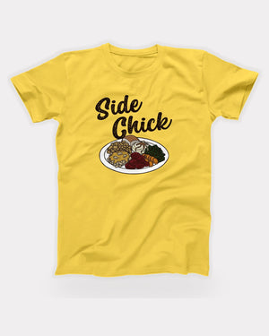 Side Chick T-Shirt in Yellow, flat lay on grey