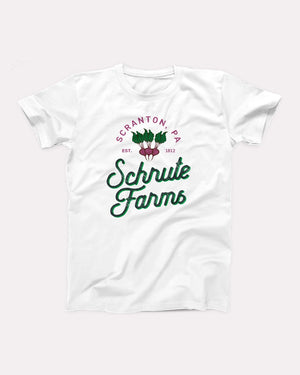Schrute Farms T-Shirt, flat lay on grey