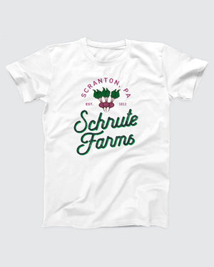 Schrute Farms T-Shirt, flat lay on grey