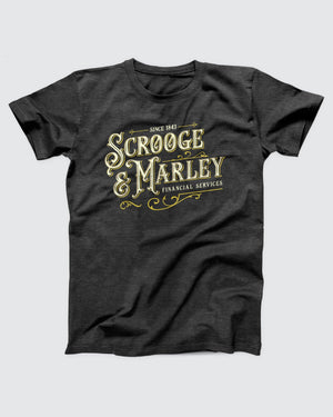 Scrooge & Marley Financial Services T-Shirt, flat lay on grey