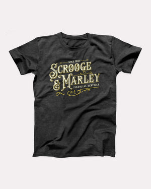 Scrooge & Marley Financial Services T-Shirt, flat lay on grey