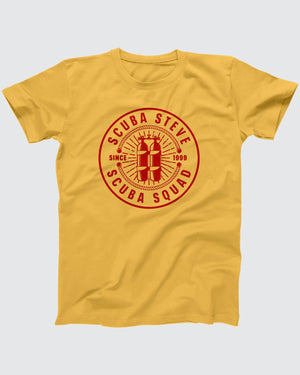 Scuba Steve Scuba Squad T-Shirt, flat lay on grey