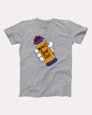 Michael's Secret Stuff T-Shirt, flat lay on grey