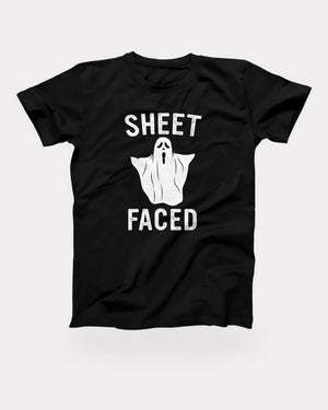 Sheet Faced T-Shirt in Black, flat lay on grey