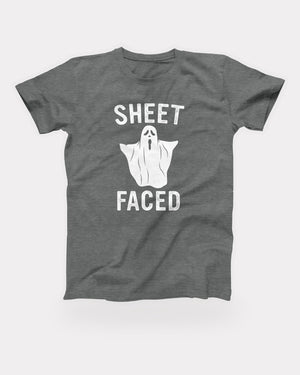 Sheet Faced T-Shirt in Deep Heather, flat lay on grey