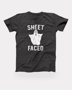 Sheet Faced T-Shirt in Dark Grey Heather, flat lay on grey