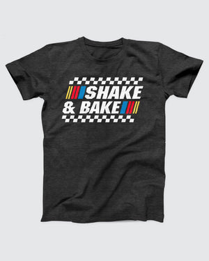 Shake and Bake T-Shirt, flat lay on grey