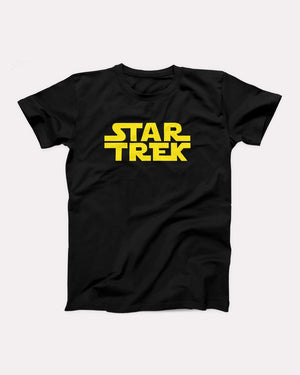 Trek Wars t-shirt in Black, flat lay on grey