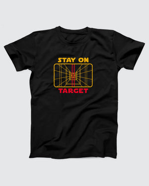 Stay on Target t-shirt in Black, flat lay on grey