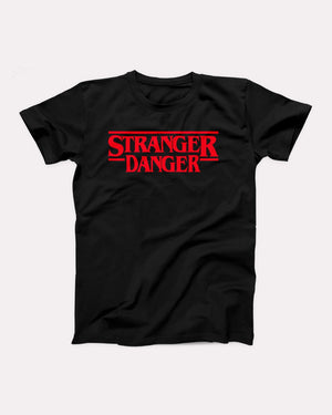 Stranger Danger T-Shirt, flat lay on grey