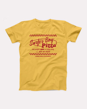 Surfer Boy Pizza T-Shirt, flat lay on grey