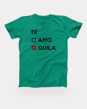 Te Amo Tequila T-Shirt in Heather Kelly, flat lay on grey