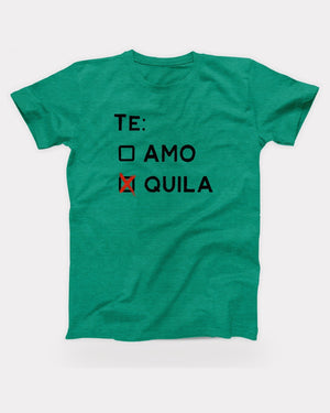 Te Amo Tequila T-Shirt in Heather Kelly, flat lay on grey