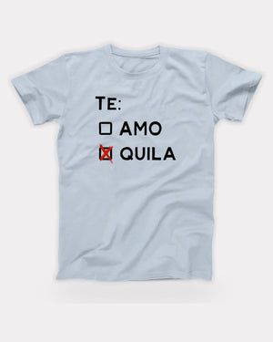 Te Amo Tequila T-Shirt in Light Blue, flat lay on grey
