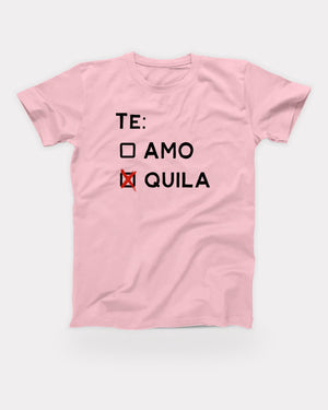 Te Amo Tequila T-Shirt in Pink, flat lay on grey