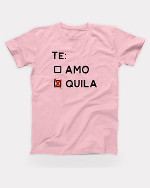 Te Amo Tequila T-Shirt in Pink, flat lay on grey