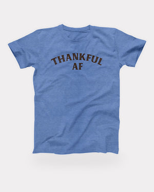 Thankful AF T-Shirt in Heather Columbia Blue, flat lay on grey