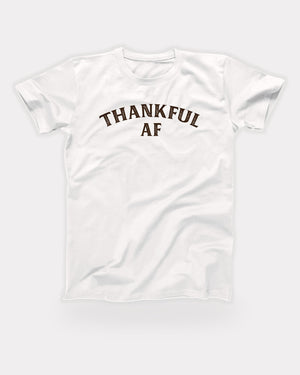 Thankful AF T-Shirt in White, flat lay on grey