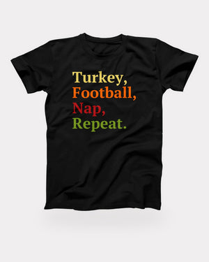 Turkey, Football, Nap, Repeat T-Shirt in Black, flat lay on grey