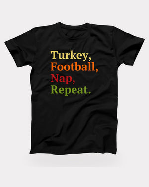 Turkey, Football, Nap, Repeat T-Shirt in Black, flat lay on grey