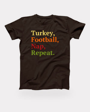 Turkey, Football, Nap, Repeat T-Shirt in Brown, flat lay on grey