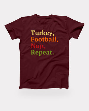 Turkey, Football, Nap, Repeat T-Shirt in Maroon, flat lay on grey