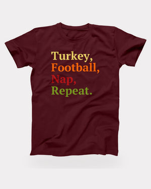 Turkey, Football, Nap, Repeat T-Shirt in Maroon, flat lay on grey