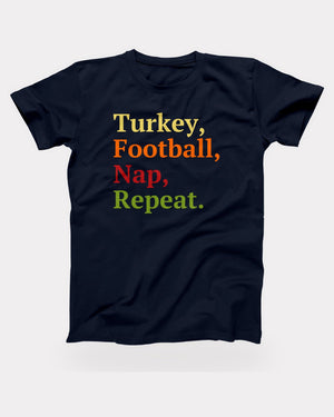 Turkey, Football, Nap, Repeat T-Shirt in Navy, flat lay on grey