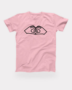 Tacos Heart T-Shirt in Pink, flat lay on grey