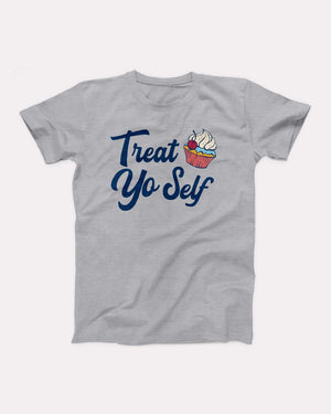 Treat Yo Self T-Shirt, flat lay on grey