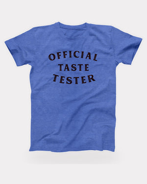 Official Taste Tester T-Shirt in Heather Columbia Blue, flat lay on grey