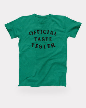Official Taste Tester T-Shirt in Heather Kelly, flat lay on grey