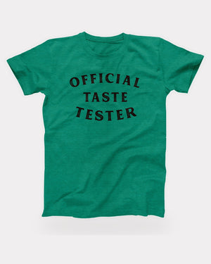 Official Taste Tester T-Shirt in Heather Kelly, flat lay on grey