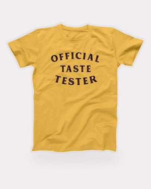 Official Taste Tester T-Shirt in Maize Yellow, flat lay on grey