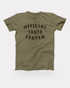Official Taste Tester T-Shirt in Heather Olive, flat lay on grey