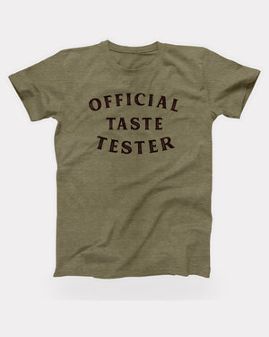 Official Taste Tester T-Shirt in Heather Olive, flat lay on grey