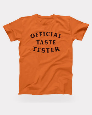 Official Taste Tester T-Shirt in Orange, flat lay on grey