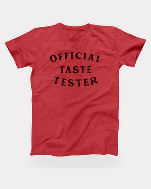 Official Taste Tester T-Shirt in Heather Red, flat lay on grey